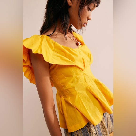 Free People Yellow Ruffled Peplum Blouse - Picture 1 of 7